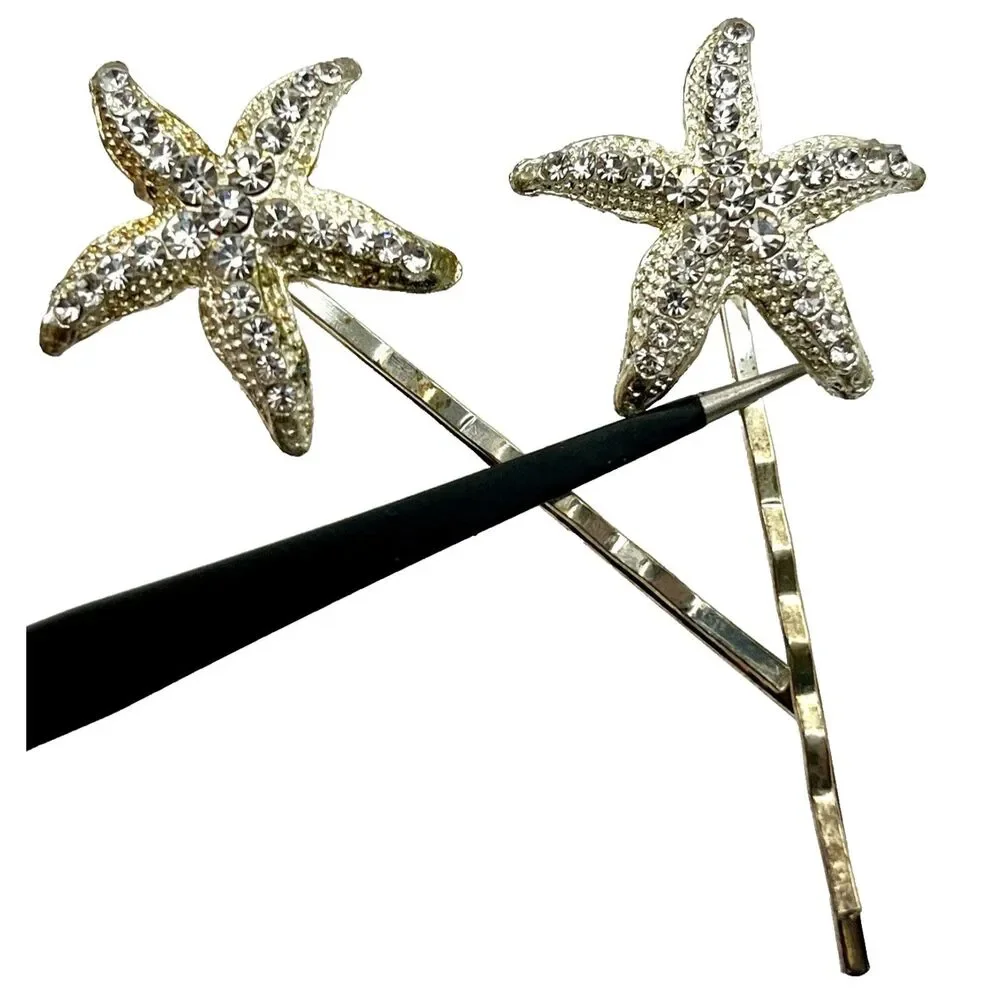 Starfish Rhinestone Hair Pins Silver and Gold Tone Pair of 2